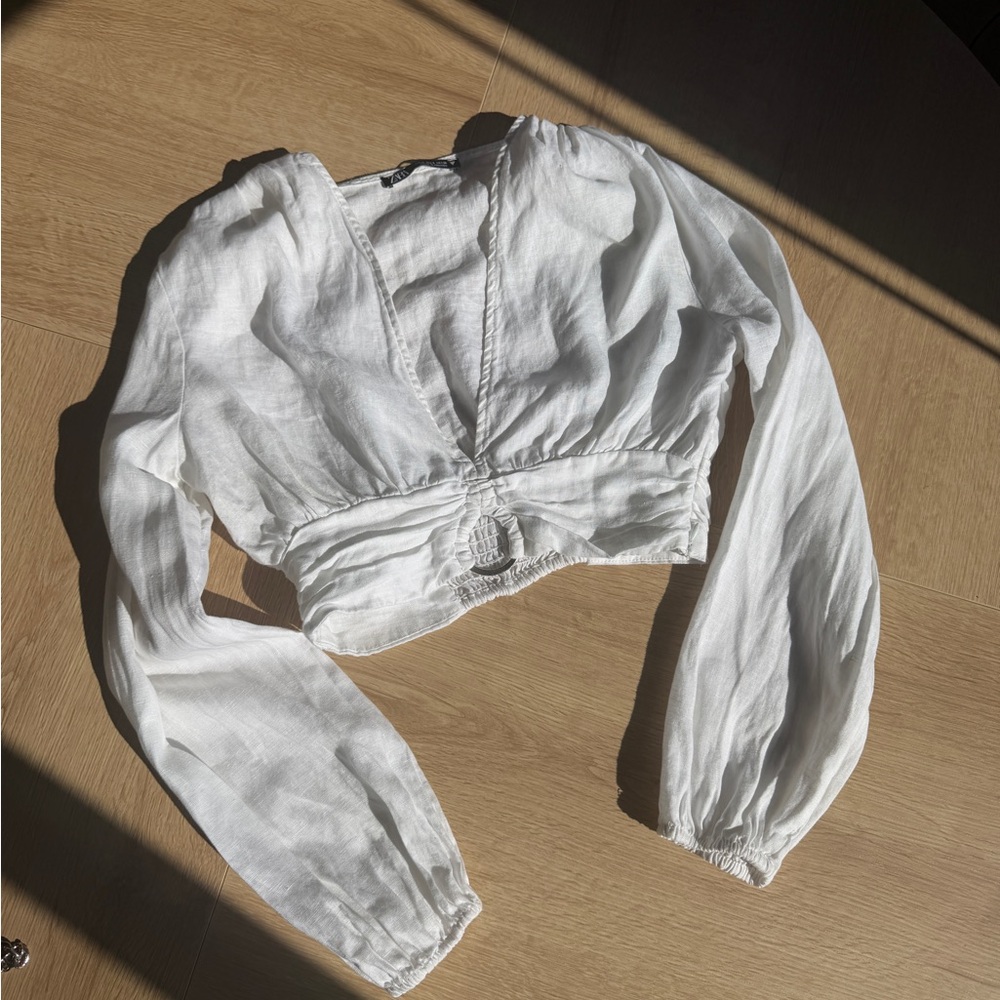 Boho Zara White V-Neck Long Sleeve Cropped Blouse